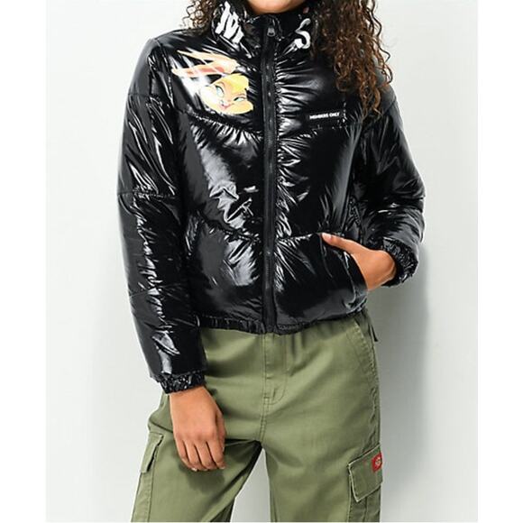 Members Only Space Jam Looney Tunes HiShine Black Puffer Jacket Large Lola Bunny - Picture 1 of 16